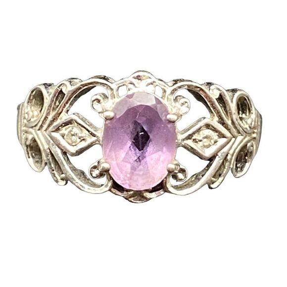 Sterling silver 925 oval amethyst two small side czs scroll band size 7.75 - Picture 2 of 8